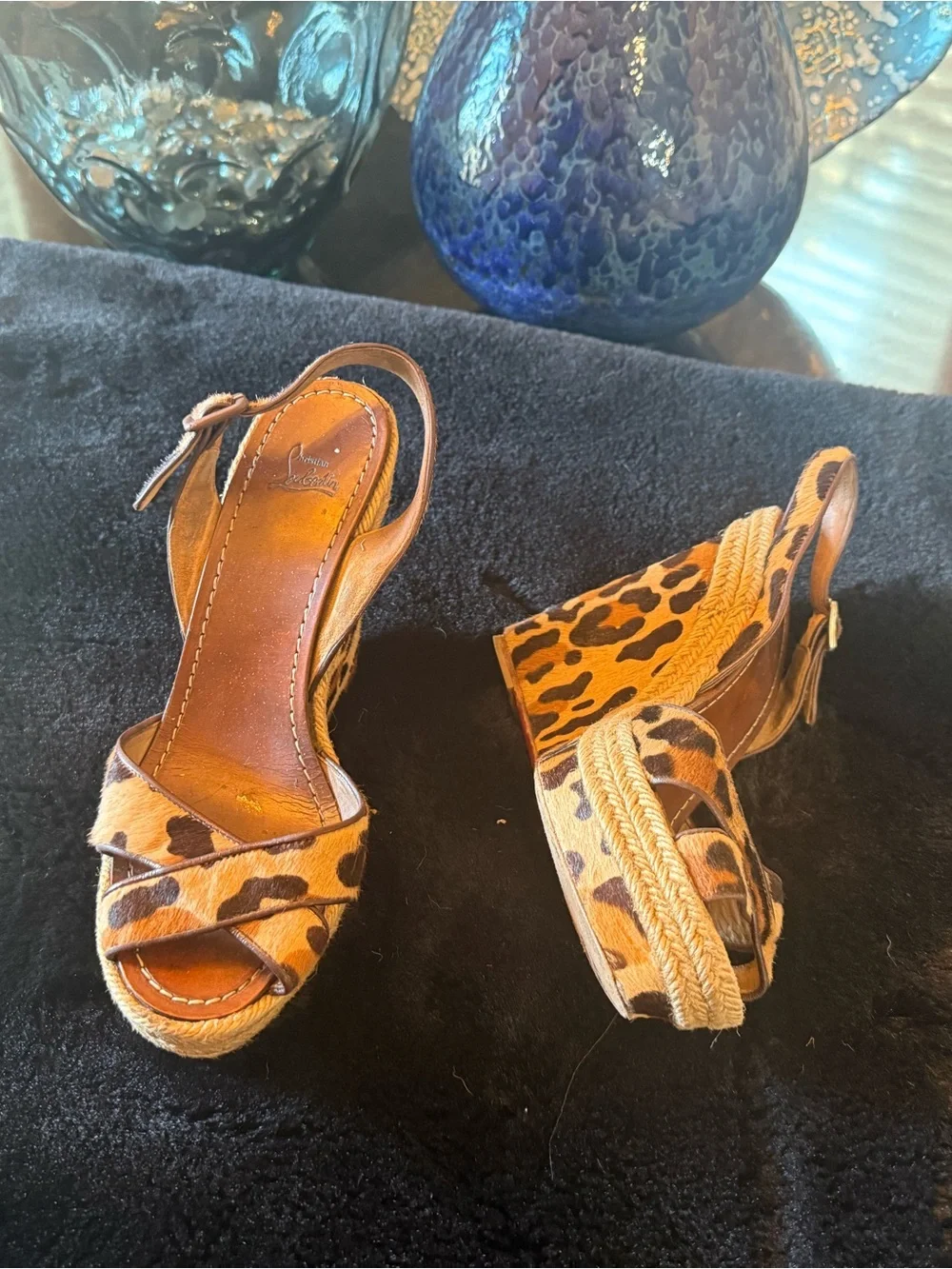 Christian Louboutin Leopard Calf Hair Espadrille Wedge Sandals - Brown/Black